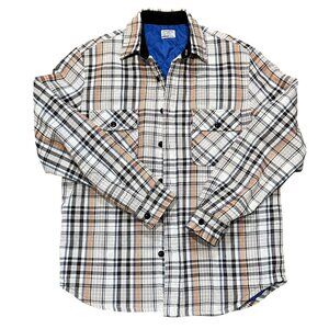 Mens J.Crew Plaid Long-Sleeve Quilted Shirt Jacket Medium Cotton Blue Beige Tan